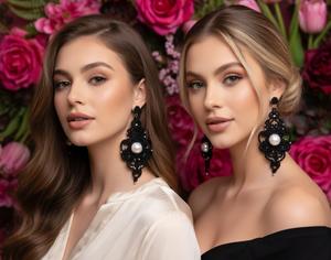 Élégantes boucles d'oreilles en macramé noir avec pierres précieuses |   Bijoux tissés style onyx blanc |   Mangalmay Corporation - Product Image 1