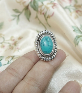Vintage Blue Turquoise <b>Statement</b> <b>Ring</b> 925 Silver Yellow Gold & Rose Gold Plated Handmade <b>Statement</b> Boho Oval Gemstone Jewelry - Product Image 5