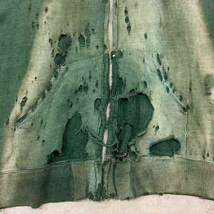 Sudadera con capucha unisex de invierno, personalizada, verde, extragrande, de algodón 100% de alto gramaje, con lavado ácido, efecto desgastado por el sol, rotos y desgastados, con cremallera - Product Image 3