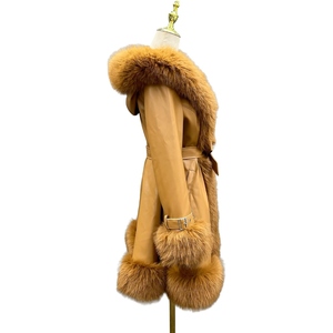 Women’s Stylish Leather Long Winter Coat Premium <b>Fur</b> <b>Trimmed</b> Belted Overcoat Custom Wholesale Apparel Manufacturer - Product Image 3