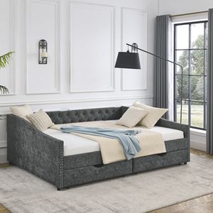 Divano letto matrimoniale trapuntato grigio con cassetti, schienale con bottoni, braccioli ondulati con borchie color rame, stile divano letto, 84,5 pollici - Product Image 1