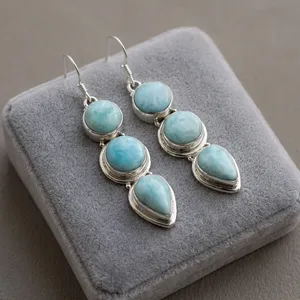 Pendientes Colgantes Hechos a Mano de Plata de Ley 925 con Larimar Azul, Joyería Elegante con Piedras Preciosas Naturales para Mujer - Product Image 2