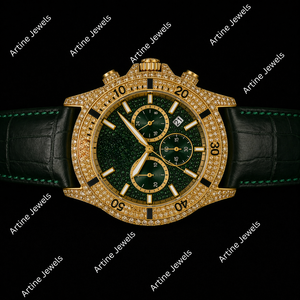 Montre pour homme avec cadran vert, ton or, sertie de pierres étincelantes, bracelet en cuir, chronographe, affichage de la date, montre de luxe - Product Image 3