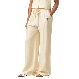 Pantalon de détente droit taille mi-haute en crêpe pour femme, avec cordon élastique, décontracté, respirant, séchage rapide, 100 % coton, poches latérales, taille XL, usage quotidien - Product Image 1