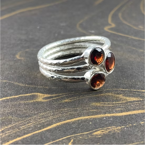 Solid 925 Sterling <b>Silver</b> Dainty Garnet Triple Band Cluster <b>Ring</b> - Polished Fine <b>Statement</b> Jewelry Everyday Wear & Gift - Product Image 3