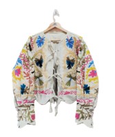 Veste en coton tricoté respirant brodée à la main pour femme, style bohème floral Suzani, dentelle sur le devant, manches régulières, col rond, automne/hiver