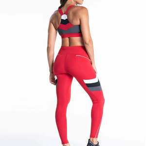 Red Color Blocking Yoga Set Racerback Sports Bra High Waist Full Length Leggings Two Piece Spandex Polyester Activewear - Product Image 5