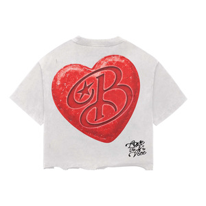 Oversized Crop T-<b>Shirt</b> <b>Men</b> Short Sleeve Red Heart Print Turtleneck Jersey Knitted 100% Cotton <b>Silk</b> Screen Printing Front Logo - Product Image 1