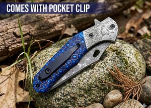 Couteau pliant EDC en acier Damas avec manche nid d'abeille, clip de poche et étui en cuir, couteaux à bolster gravés au laser - Product Image 2