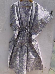 Women's Floral Print 100% Cotton Maxi <b>Kaftan</b> Dress V Neck Batwing Sleeves Drawstring Eco-Friendly <b>Beach</b> Cover-Up Resort Lounge - Product Image 5