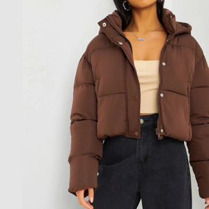 Chaqueta Acolchada con Capucha para Mujer, Color Marrón, Corta, Manga Larga, Abrigo de Invierno, Cierre de Cremallera, Cuero PU Fino - Product Image 1