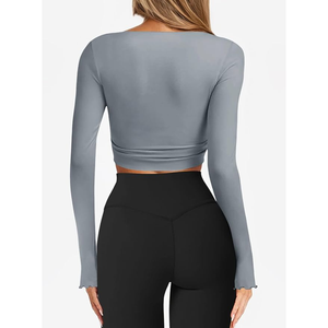 Women Gray <b>Long</b> <b>Sleeve</b> <b>Crop</b> Top Criss Cross Neck Self-Tie Bow Solid Color Yoga Shirt Regular Fit Full <b>Sleeve</b> Activewear - Product Image 4