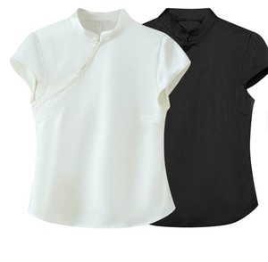 Blusa Elegante de Gasa Blanca para Mujer con Cuello Mandarín y Manga Casquillo, Ajuste Regular, Color Sólido, Antiarrugas, Para Todas las Estaciones - Product Image 3