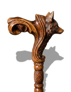 Canne de marche pliable en bois sculpté à la main avec tête de loup, support décoratif pour les voyages en plein air, cadeau - Product Image 1