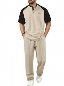 <b>Men's</b> Cotton Breathable Summer 2 in 1 Color Block <b>Henley</b> T-<b>Shirt</b> & Drawstring Pants Set Casual Short Sleeve - Product Image 4