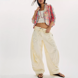 Wholesale Women's Cream Cargo Pants Mid Waist Loose Drawstring Closure Balloon Full Length Solid Casual Barrel Trousers Summer - Product Image 1