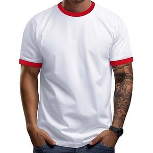 T-shirts pour hommes tendance, manches courtes, couleur blanche avec bordure rouge, en coton, pour l'été - Product Image 2