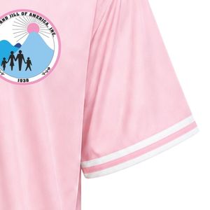 Camiseta de Béisbol Rosa de Manga Corta con Botones al Frente, Cuello en V, Ribete a Rayas, Logotipo del Equipo, Uniforme Deportivo, Ropa Deportiva Informal - Product Image 4