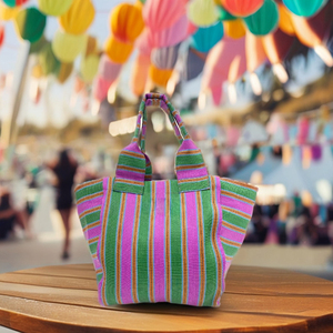 Eco-Friendly Reusable Recycled Nylon Shopping Bag Zipper Striped Pattern Large Capacity for <b>Makeup</b> Travel-Fashion Cosmetic - Product Image 3