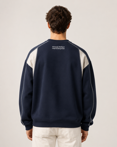 Sweat-shirt à col rond bleu marine pour homme avec manches raglan crème, logo brodé, coupe classique, pull en tricot décontracté, vêtement d'automne - Product Image 4