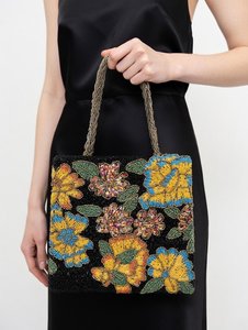 Sac fourre-tout carré à perles avec broderie florale, sac à main en toile noire tendance pour femmes - Product Image 6