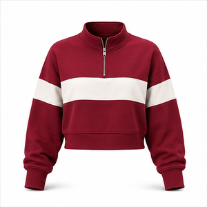 Customize Wine Red <b>Womens</b> Loose Fit <b>Half</b> <b>Zip</b> Cropped <b>Sweatshirt</b> Stand Collar Combed Cotton WHZCROP-0015 - Product Image 1