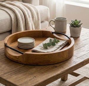 Bandeja redonda de madera, bandeja de madera para servir, tabla de charcutería, bandeja de bambú para servir, bandeja para servir café y bebidas - Product Image 6