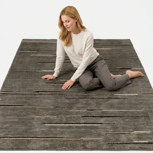 Tapis rectangulaire moderne à rayures, tufté, avec envers antidérapant en caoutchouc, pour salon, motif gris, noir et blanc, en laine et acrylique, à poils moyens - Product Image 3
