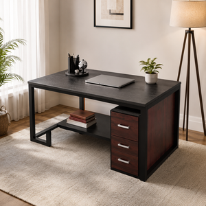 Modern Executive <b>Office</b> Desk with 3 Drawers & Open Storage Shelf | Wooden Computer Workstation <b>Table</b> for Home <b>Office</b>, Study Room - Product Image 2
