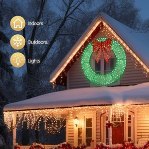 Ghirlanda Natalizia da Esterno in Metallo Pre-Illuminata a LED da 60 Pollici, Decorazione Festiva con 400 Luci per Casa, Giardino, Fiocco Verde/Rosso - Product Image 5
