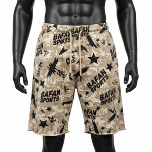 Shorts pour hommes en coton polaire premium délavé à l'acide 320 GSM, beige, camouflage sable, noir, logo imprimé graphique - Product Image 1