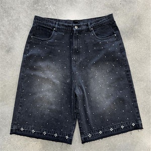 Shorts Bermuda en jean bleu foncé pour homme, taille mi-haute, fermeture boutonnée, style décontracté, couleur unie, tissu en coton, poches, respirant, tissé - Product Image 6
