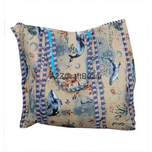 Striped Quilted 100% Pure Cotton Fabric Long Handle Travel Beach Tote <b>Bag</b> for Women Summer Groceries & Shopping - Product Image 5