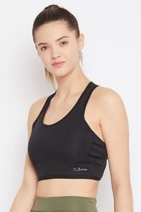 Sujetador deportivo negro para mujer, estilo racerback, cuello redondo, soporte medio, sin costuras, para yoga, ropa deportiva transpirable, estilo liso - Product Image 1