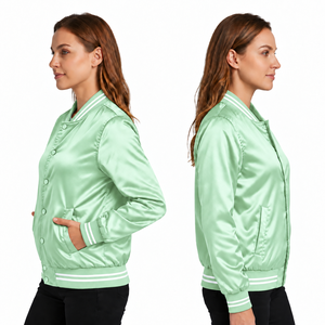 Chaqueta Varsity de Satén Verde Menta para Mujer, Manga Larga, Cierre de Botones, 100% Poliéster, Ropa de Invierno, Transpirable, Resistente al Viento - Product Image 6