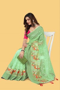Sari en Soie Organza Premium – Broderie Multicolore avec Ornements en Pierres et Pallu à Pompons – Tenue de Soirée - Product Image 2