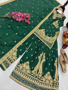 Conjunto de Salwar Kameez Verde Bordado para Mujer, Ropa de Fiesta India y Pakistaní, Vestido de Graduación, Diwali, Boda, Seda Chinon - Product Image 4