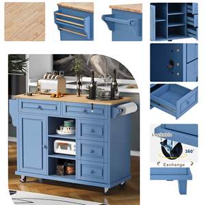 53-Inch <b>Blue</b> <b>Rolling</b> Mobile <b>Kitchen</b> Island Cart with Storage and 5 Drawers Featuring Rubber Wood Desktop - Product Image 6