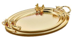 Nesting <b>Square</b> Hammered Stainless Steel Serving Tray <b>Set</b> Of 3 With Decorative Gold Floral Handles Metal Platter For Wedding Use - Product Image 5