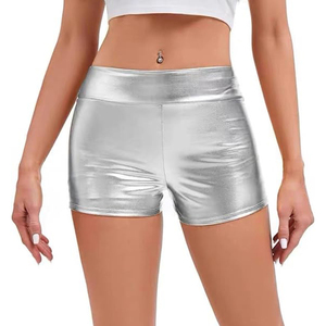 Shorts métalliques argentés taille haute pour femme, en satin extensible, style club sexy - Product Image 1