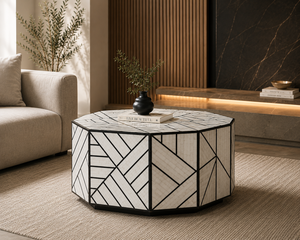 Modern MOP Inlay Handmade Round Wood Coffee <b>Table</b> <b>White</b> Black Geometric Living Room Furniture Center <b>Table</b> for Hotel - Product Image 2