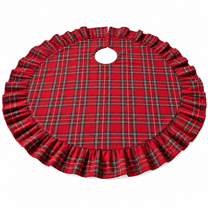 Jupe de sapin de Noël rouge à carreaux avec bord festonné, couvre-sapin festif à carreaux pour la décoration de la maison - Product Image 1