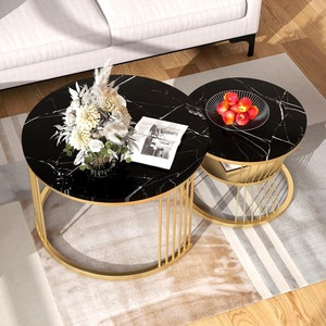 Mesa de Centro Moderna de Lujo en Madera Contrachapada con Superficie de Aspecto Mármol y Base de Listones Metálicos Dorados, Mesa de Salón Contemporánea - Product Image 2