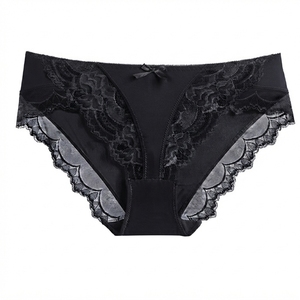 Braguitas de bikini de talle medio para mujer con ribete de encaje y detalle de lazo, color liso, transpirables, sin costuras, de punto. - Product Image 3