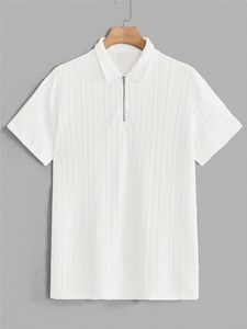 Polo à manches courtes pour homme, blanc, couleur unie, tissu tissé, fermeture éclair sur le devant, style décontracté, longueur normale - Product Image 1