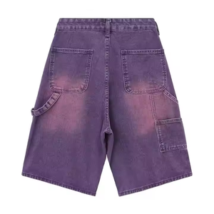 Shorts en jean vintage pour hommes, coupe droite, style streetwear d'été, personnalisés, baggy, effet usé, en denim de coton délavé foncé - Product Image 2
