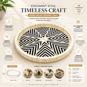 Luxury Round Bone Inlay Serving Tray | Handmade Decorative Coffee Tea Tray Black White Geometric Home Decor Wedding <b>Gift</b> Tray - Product Image 3