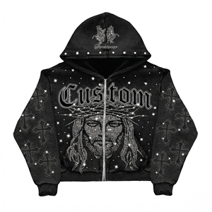 Sudadera con capucha de felpa francesa personalizada de alto gramaje, con pedrería, corte holgado, efecto desgastado, estampado DTG, lavado ácido y efecto descolorido por el sol - Product Image 1