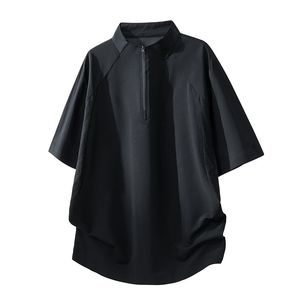 T-shirt court pour homme, noir, col montant, fermeture éclair sur la manche, coupe droite, sportif, en polyester/coton 180g, séchage rapide, tricoté, couleur unie - Product Image 1