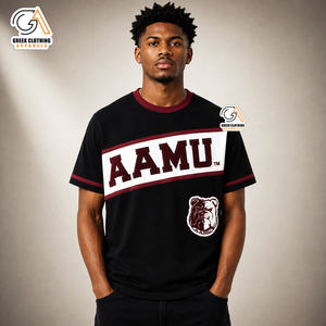 Camiseta Negra de Manga Corta AAMU con Logotipo en Contraste |   Camiseta Casual de Cuello Redondo y Manga Corta con Ribete en Contraste, Corte Regular - Product Image 4
